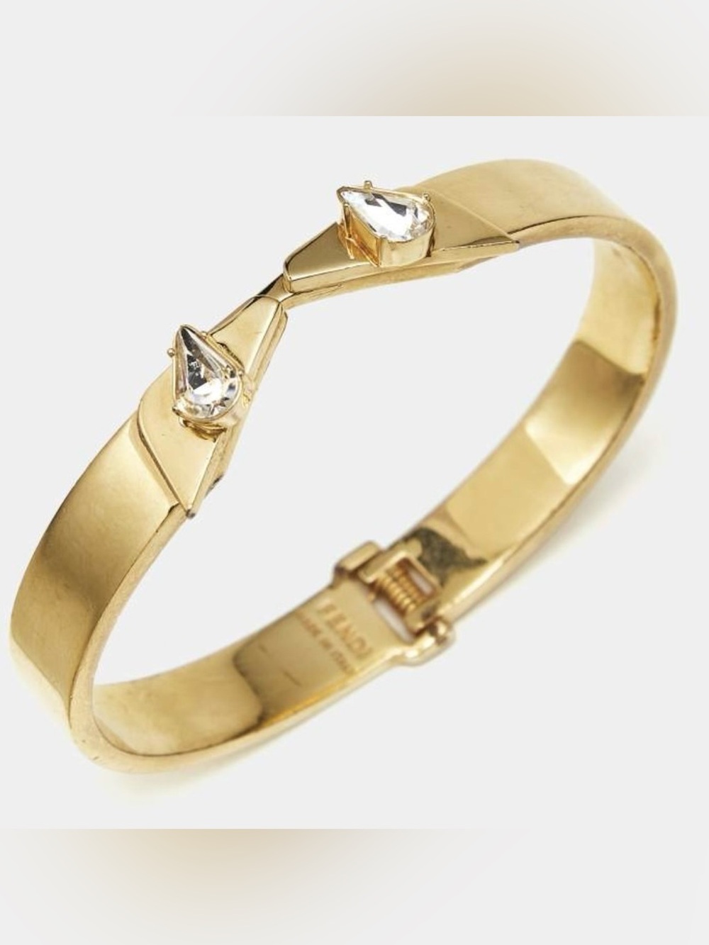 Fendi Monster Eye Gold Tone Teardrop Crystal Geometric Hinged Bangle Bracelet